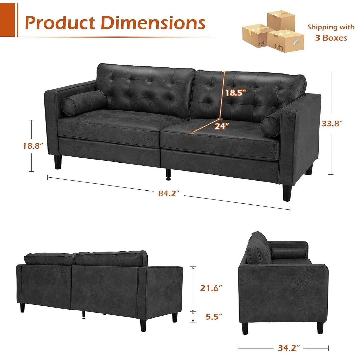 Divano moderno di metà secolo AECOJOY 84.2 con 2 cuscini di supporto