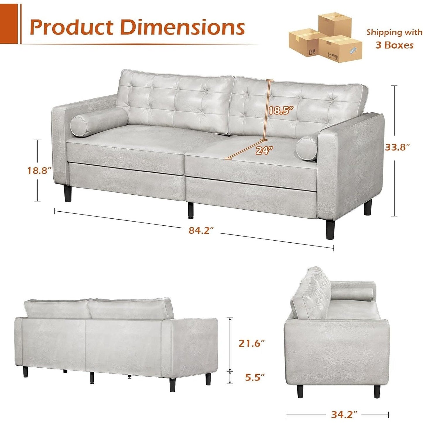 Divano moderno di metà secolo AECOJOY 84.2 con 2 cuscini di supporto