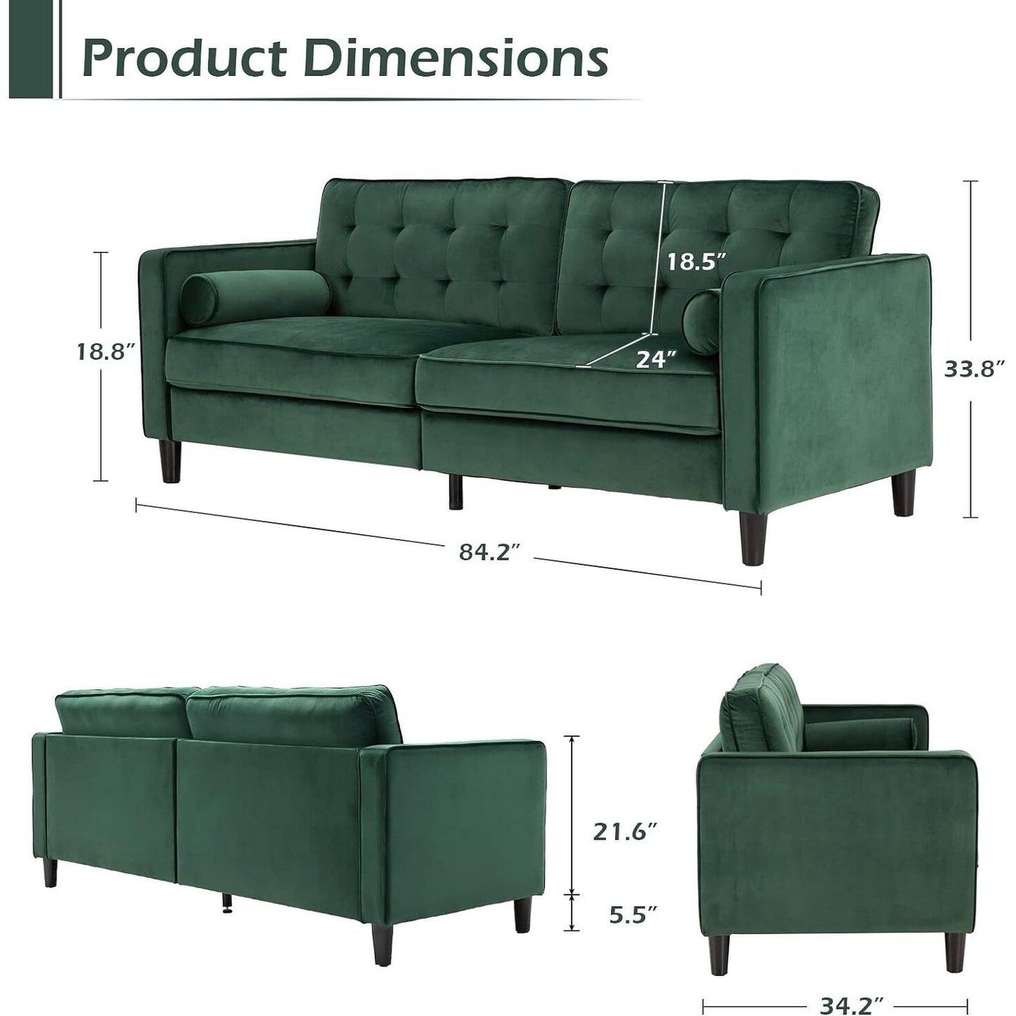 Divano moderno di metà secolo AECOJOY 84.2 con 2 cuscini di supporto