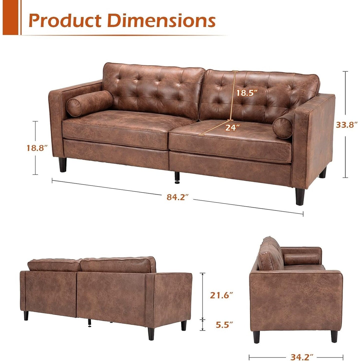 Divano moderno di metà secolo AECOJOY 84.2 con 2 cuscini di supporto