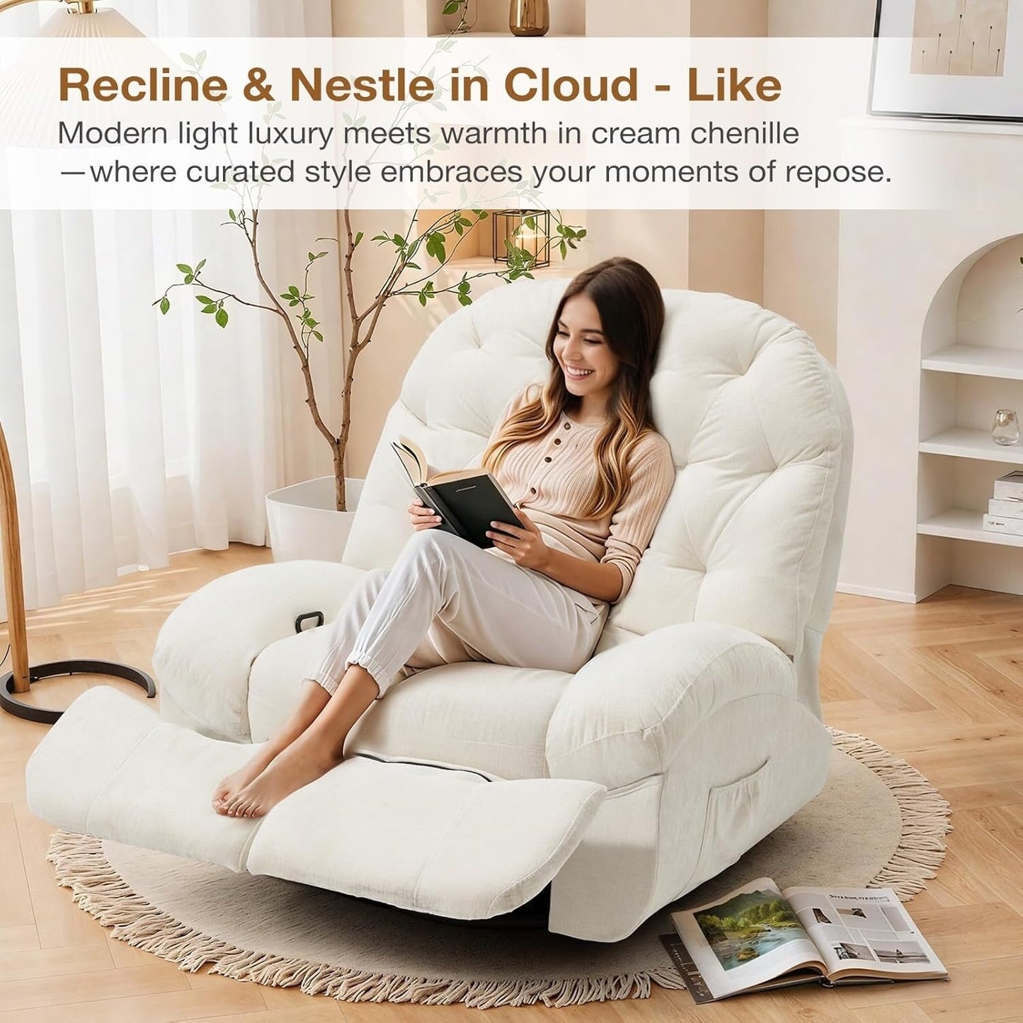 Poltrona reclinabile oversize AECOJOY, girevole a 360°, dondolo in ciniglia per adulti, moderno divano ergonomico con chaise longue