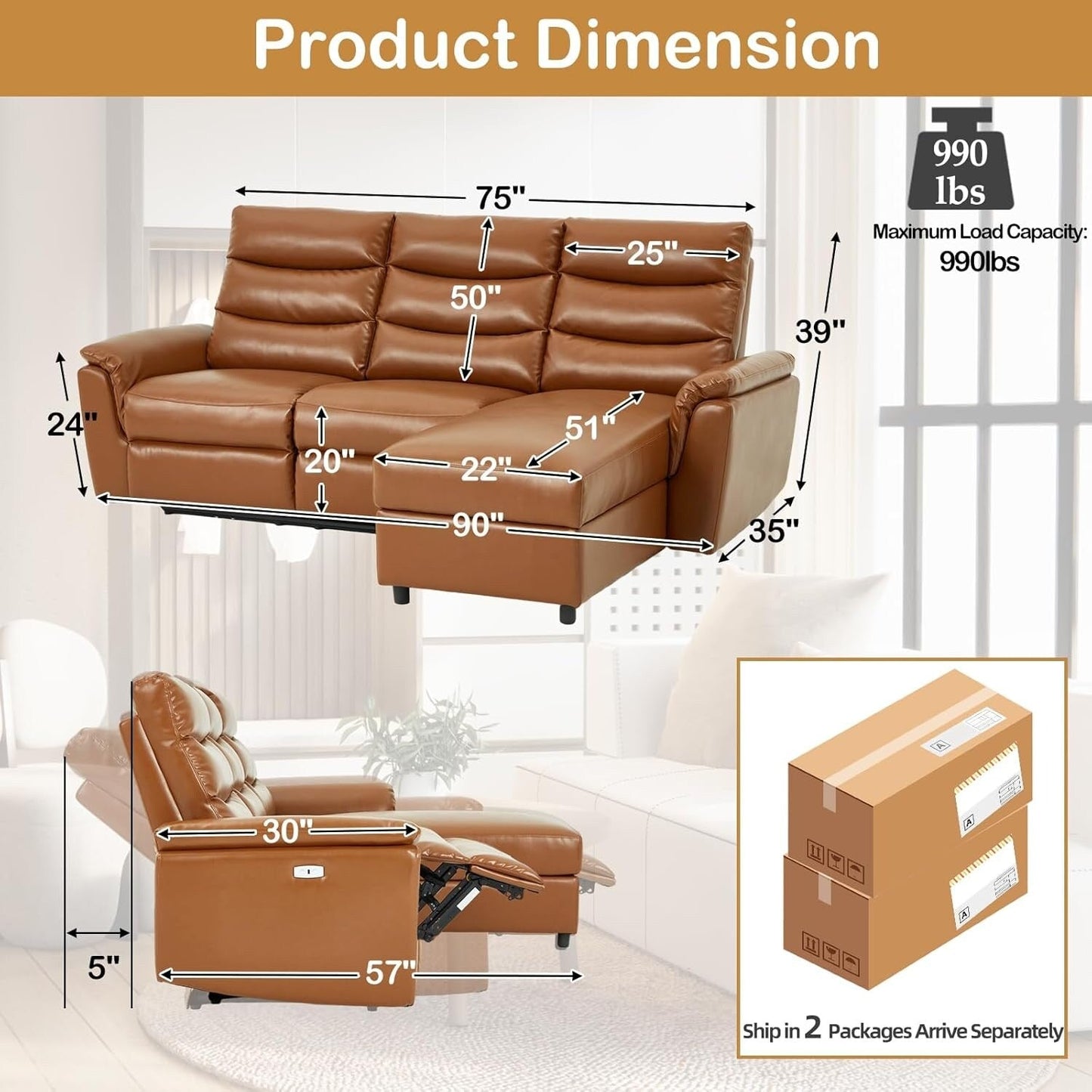 Divano componibile reclinabile elettrico AECOJOY, divano letto in pelle PU con chaise longue contenitore, schienale e poggiapiedi regolabili