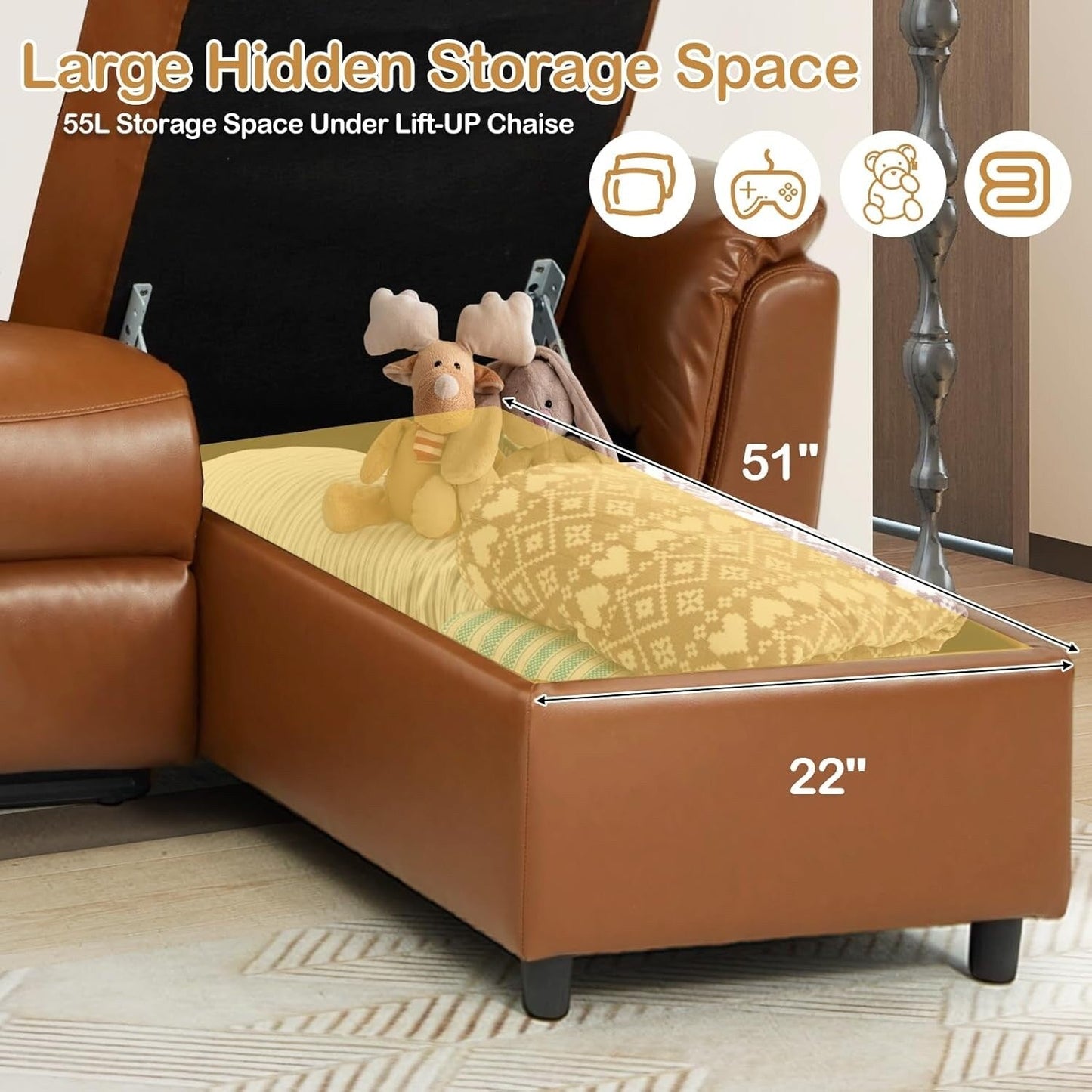 Divano componibile reclinabile elettrico AECOJOY, divano letto in pelle PU con chaise longue contenitore, schienale e poggiapiedi regolabili