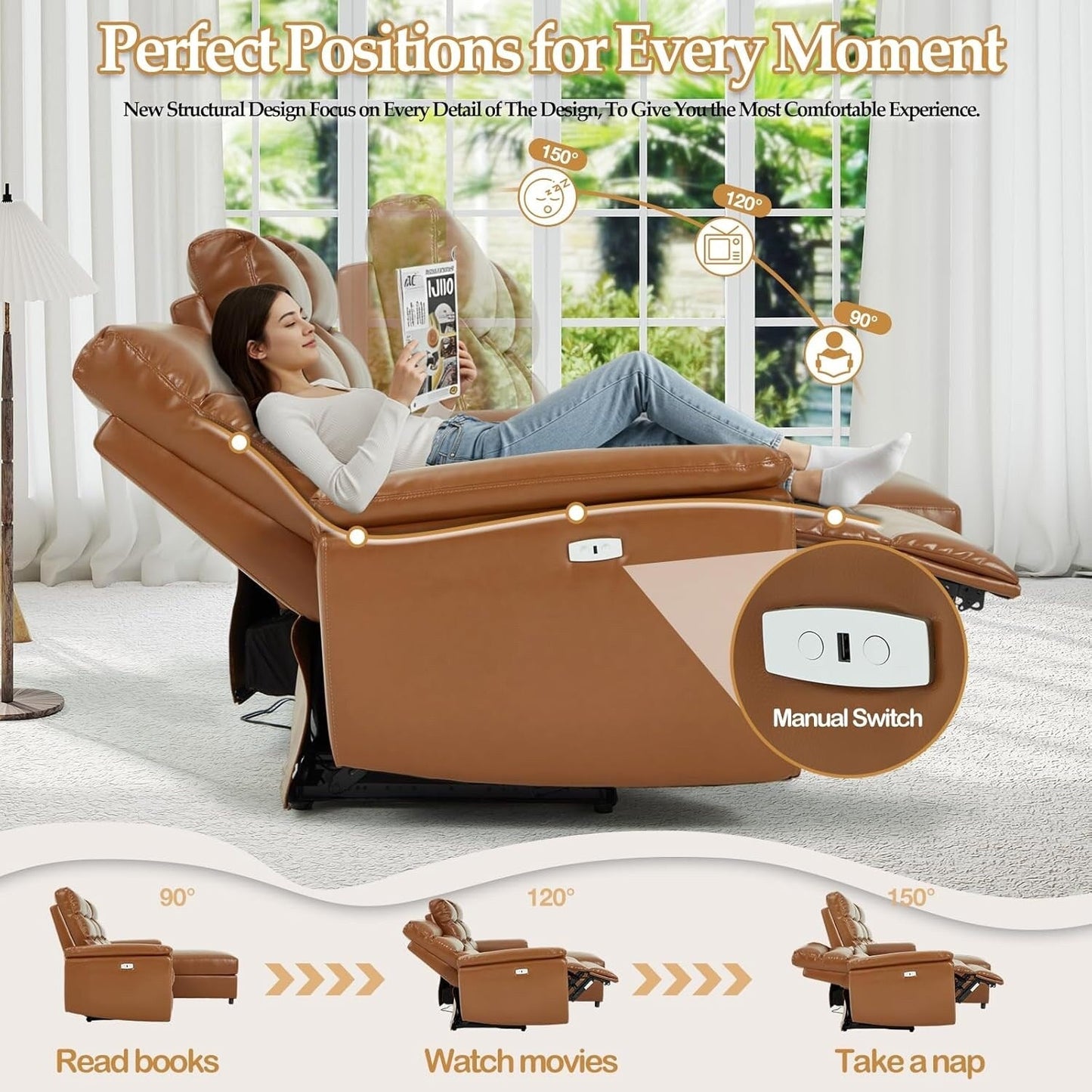 Divano componibile reclinabile elettrico AECOJOY, divano letto in pelle PU con chaise longue contenitore, schienale e poggiapiedi regolabili