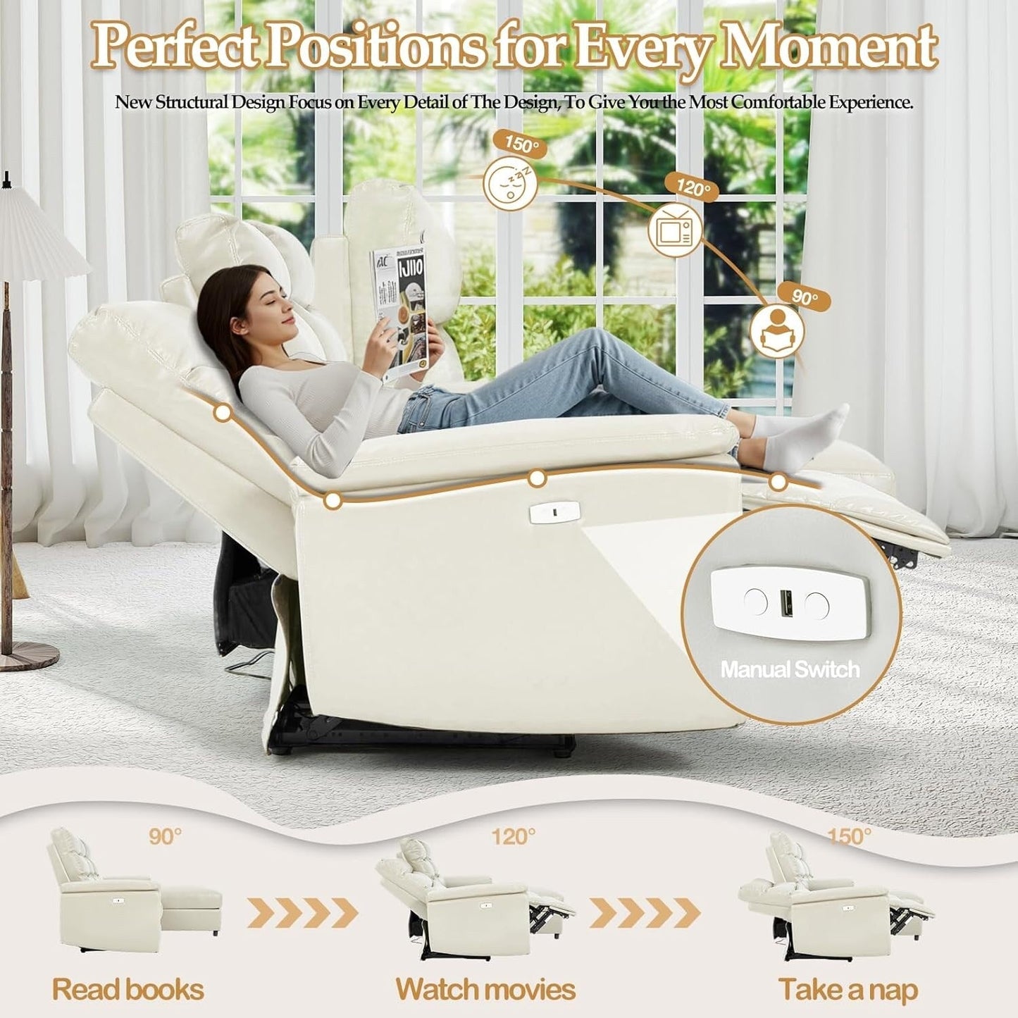 Divano componibile reclinabile elettrico AECOJOY, divano letto in pelle PU con chaise longue contenitore, schienale e poggiapiedi regolabili
