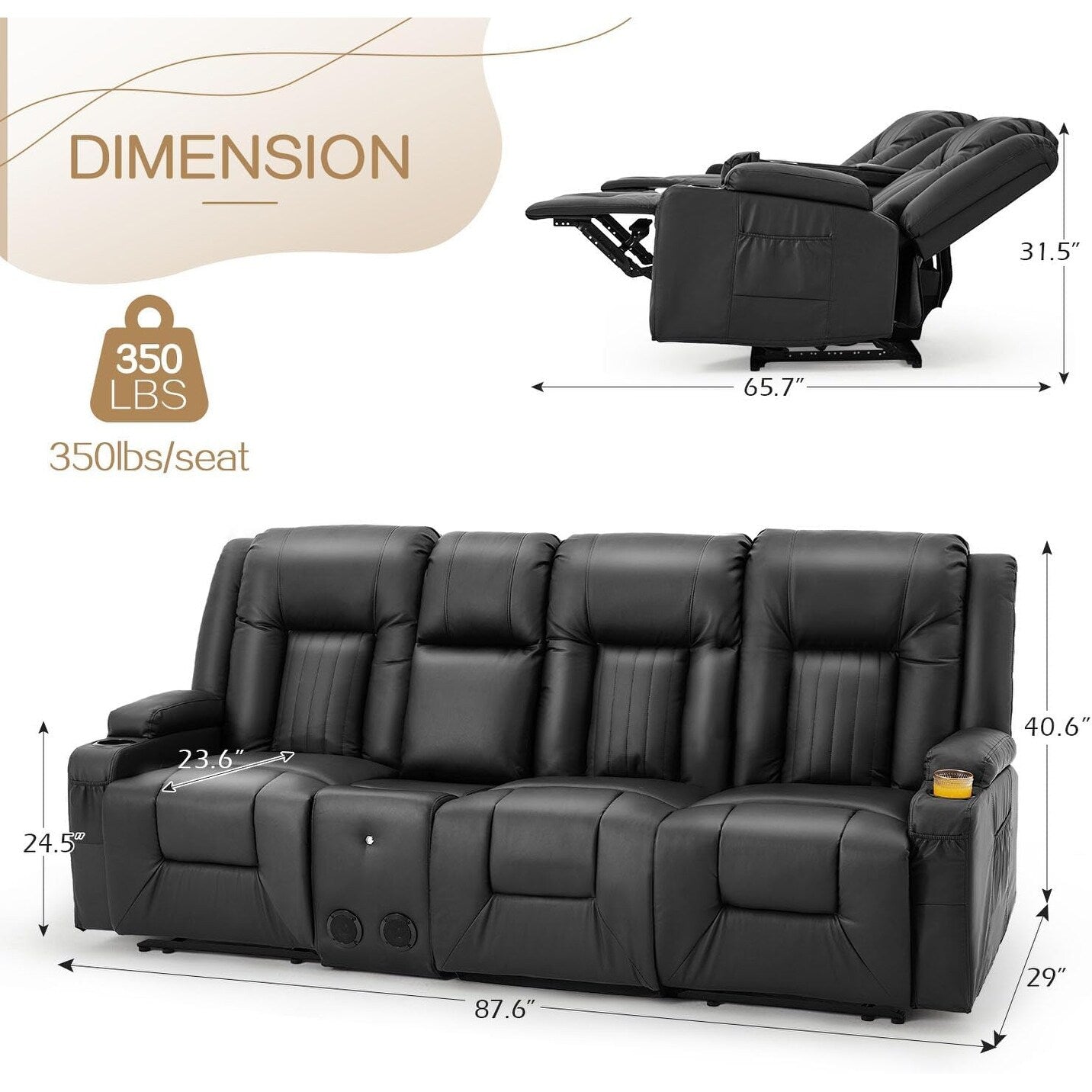 Divano reclinabile AECOJOY manuale per camper, divano reclinabile in PU per home theater con console