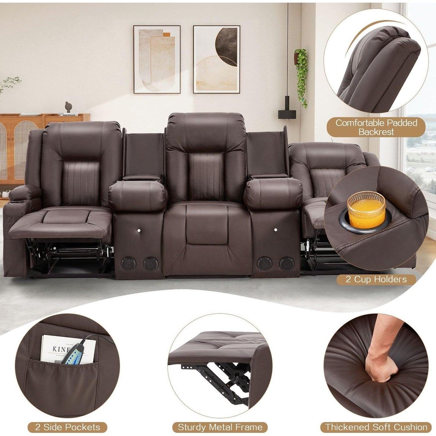 Divano reclinabile AECOJOY manuale per camper, divano reclinabile in PU per home theater con console