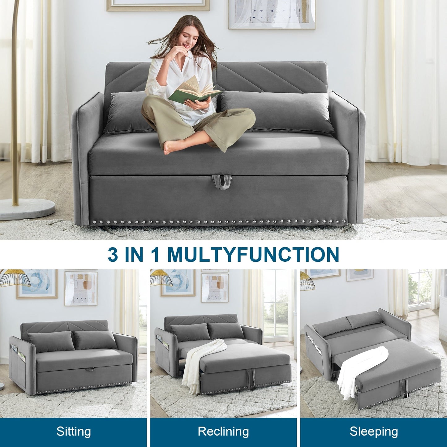 Divano letto trasformabile 3 in 1 Aukfa in velluto