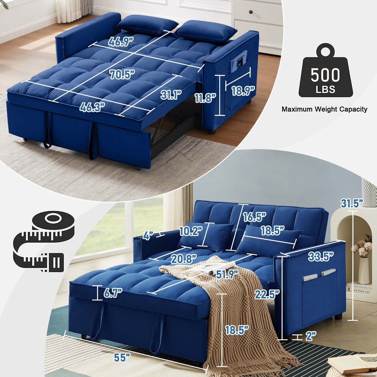 Divano letto trasformabile in velluto Aukfa con tasca laterale