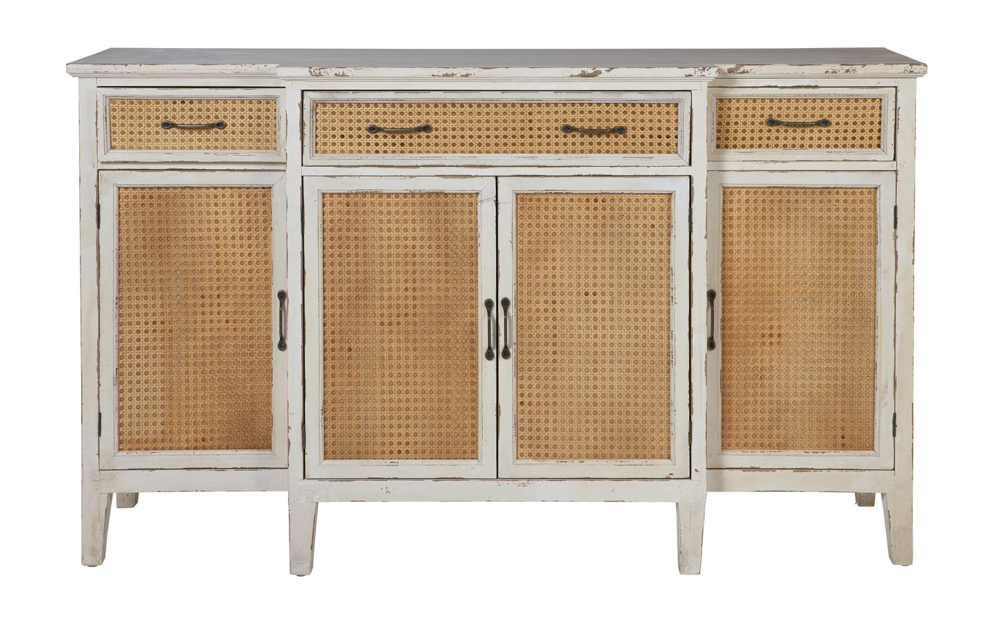 Tonia - Credenza Bianco Antico - 3 Cassetti 4 Sportelli in Paglia Vienna