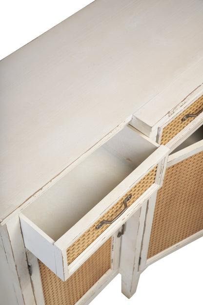 Tonia - Credenza Bianco Antico - 3 Cassetti 4 Sportelli in Paglia Vienna