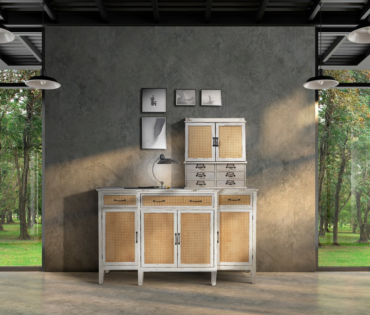 Tonia - Credenza Bianco Antico - 3 Cassetti 4 Sportelli in Paglia Vienna