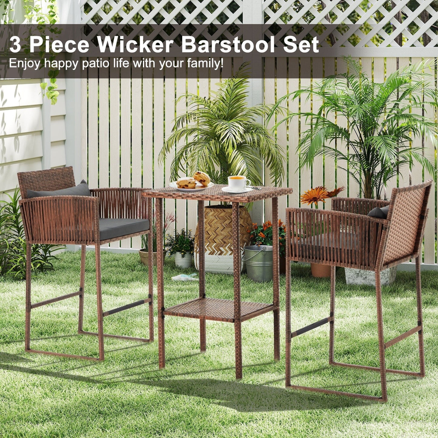 Set da bar in vimini per patio AVAWING da 3 pezzi con fodera per cuscino extra