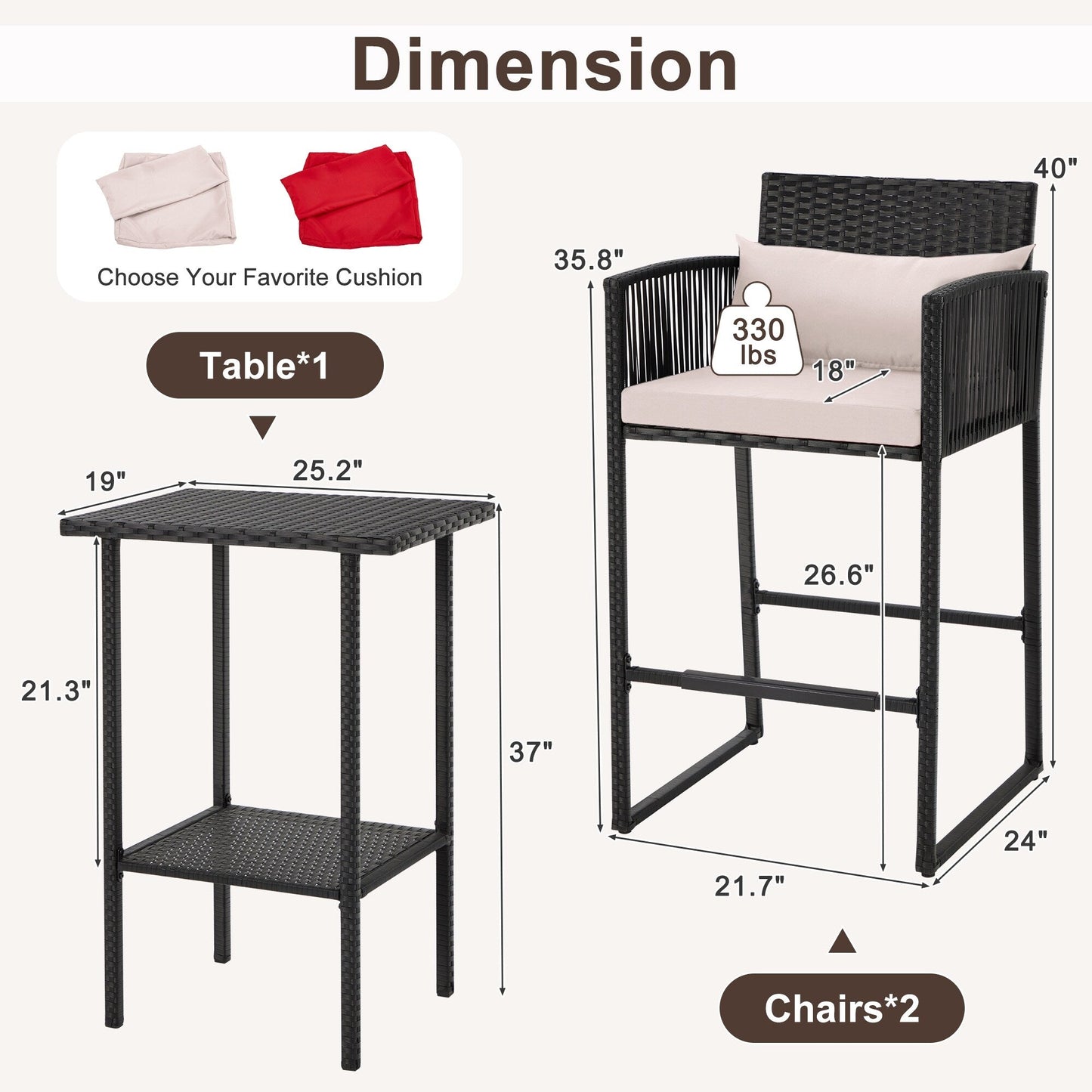 Set da bar in vimini per patio AVAWING da 3 pezzi con fodera per cuscino extra