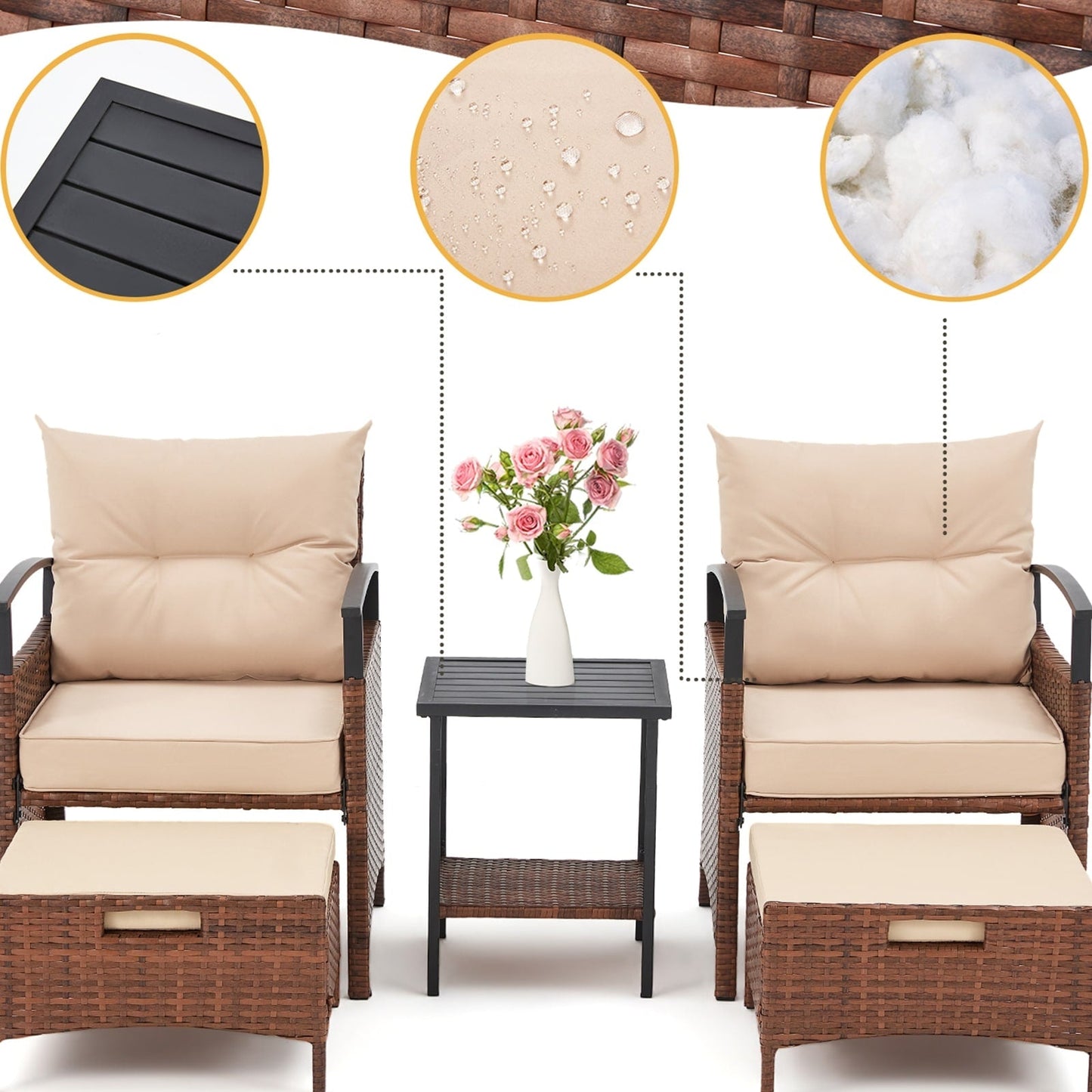 Set di mobili da giardino AVAWING da 5 pezzi, set da conversazione in vimini con tavolino e pouf