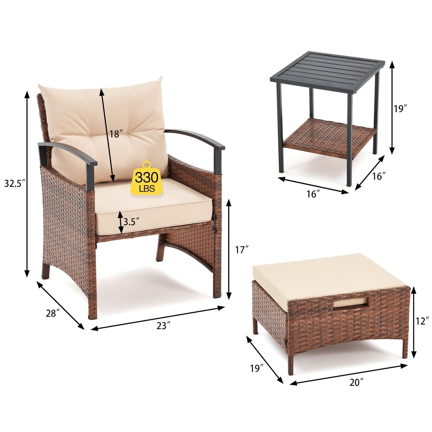 Set di mobili da giardino AVAWING da 5 pezzi, set da conversazione in vimini con tavolino e pouf