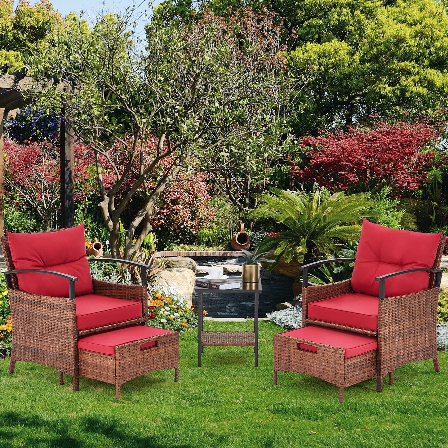 Set di mobili da giardino AVAWING da 5 pezzi, set da conversazione in vimini con tavolino e pouf