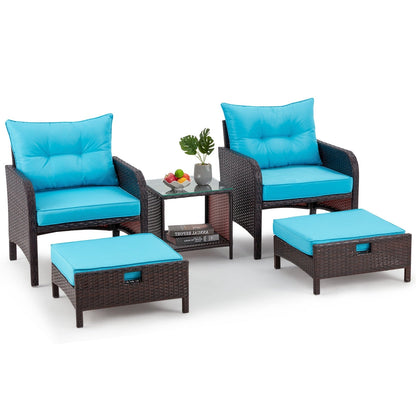 Set da conversazione AVAWING da esterno in vimini blu, 5 pezzi, con tavolino pouf