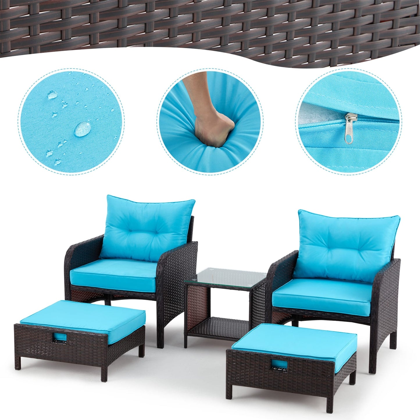 Set da conversazione AVAWING da esterno in vimini blu, 5 pezzi, con tavolino pouf