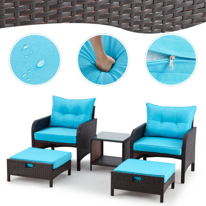 Set da conversazione AVAWING da esterno in vimini blu, 5 pezzi, con tavolino pouf