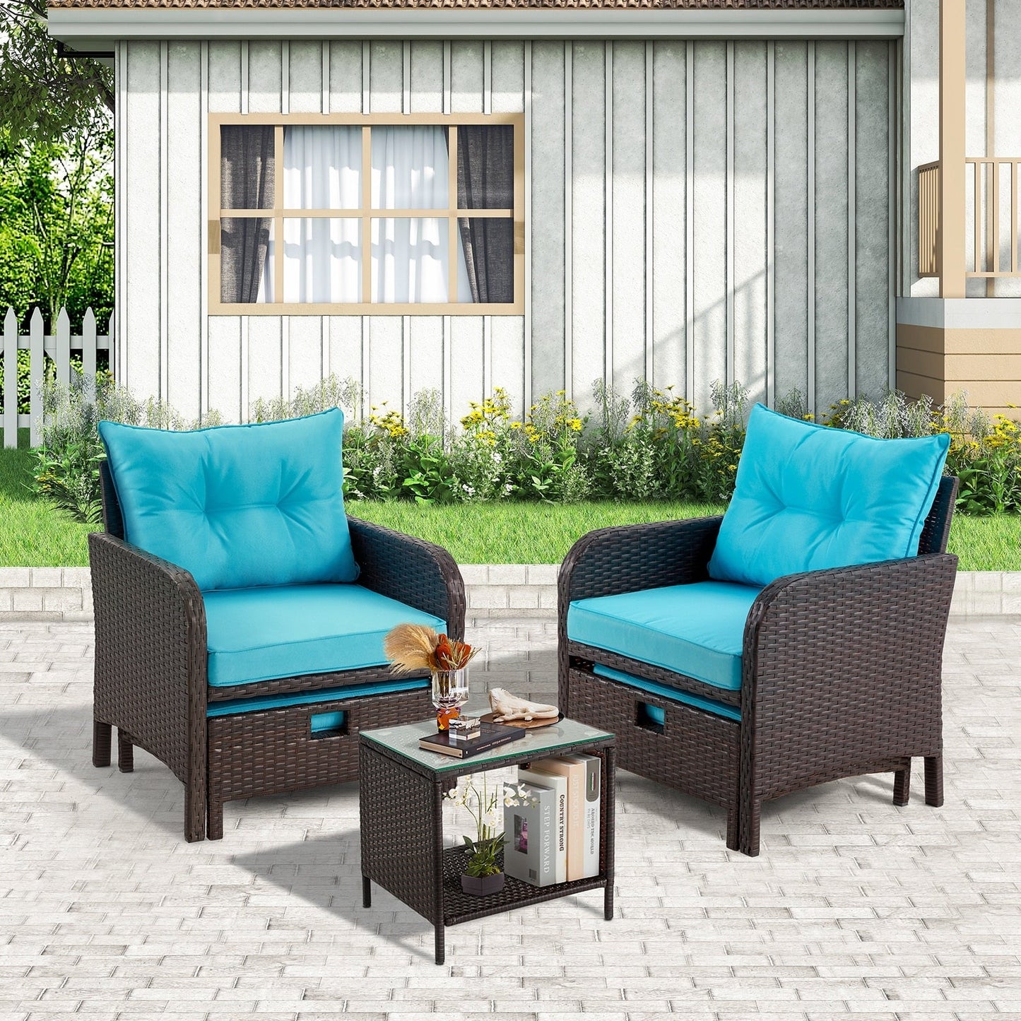 Set da conversazione AVAWING da esterno in vimini blu, 5 pezzi, con tavolino pouf