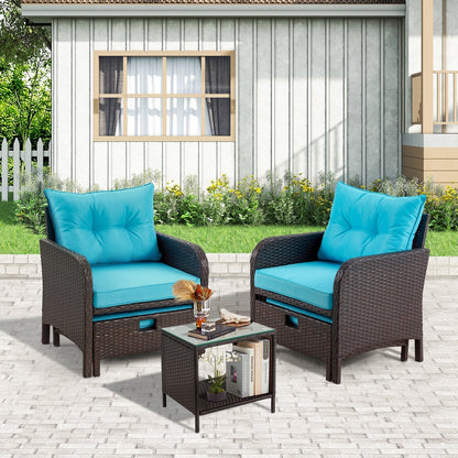 Set da conversazione AVAWING da esterno in vimini blu, 5 pezzi, con tavolino pouf