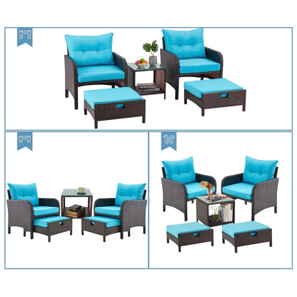 Set da conversazione AVAWING da esterno in vimini blu, 5 pezzi, con tavolino pouf