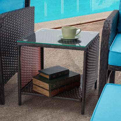 Set da conversazione AVAWING da esterno in vimini blu, 5 pezzi, con tavolino pouf