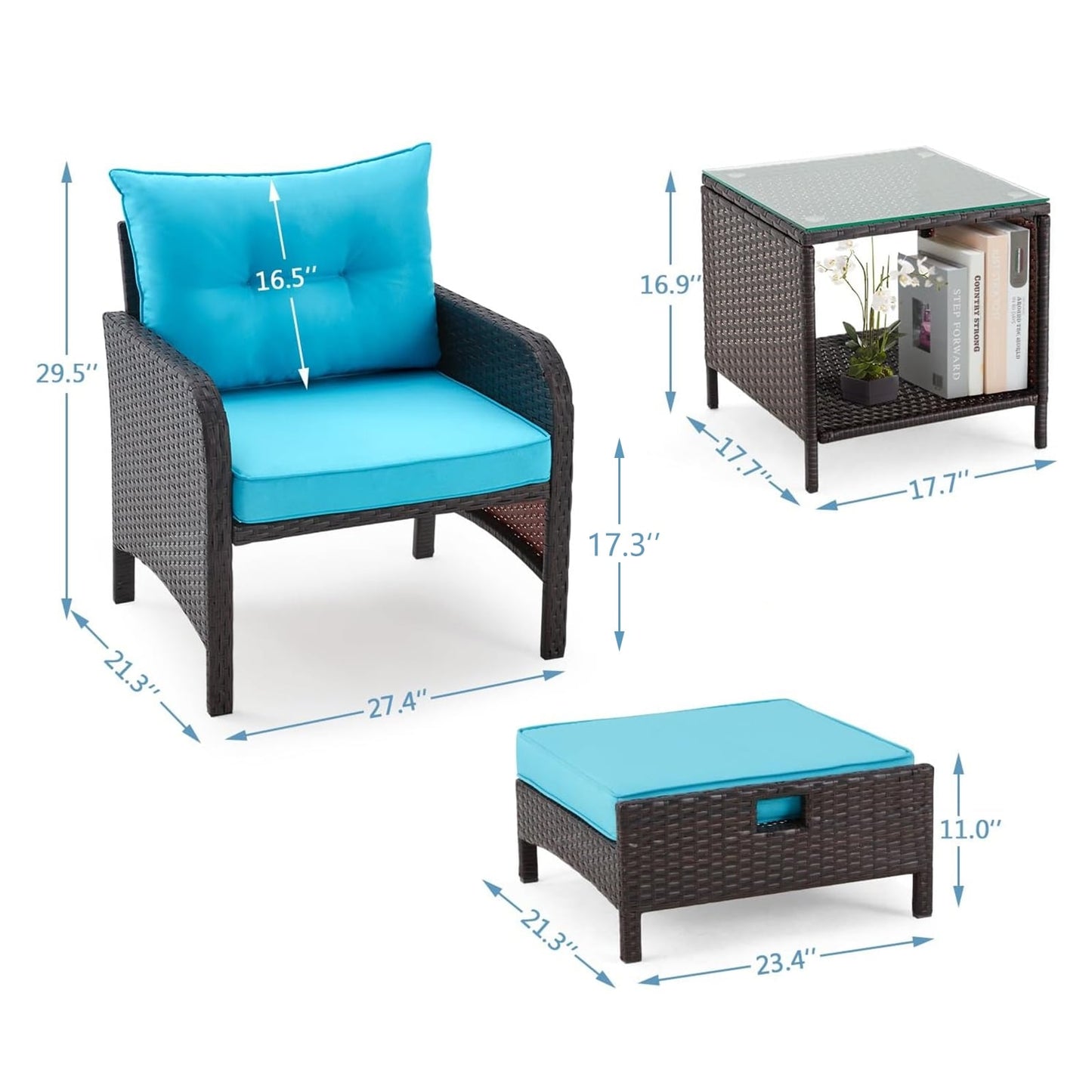 Set da conversazione AVAWING da esterno in vimini blu, 5 pezzi, con tavolino pouf