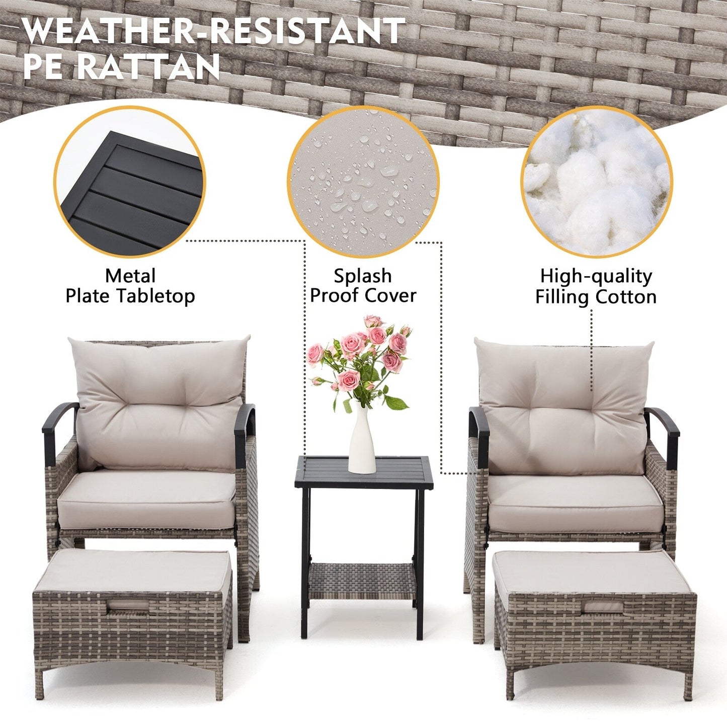 Set di mobili da giardino AVAWING da 5 pezzi, set da conversazione in vimini con tavolino e pouf