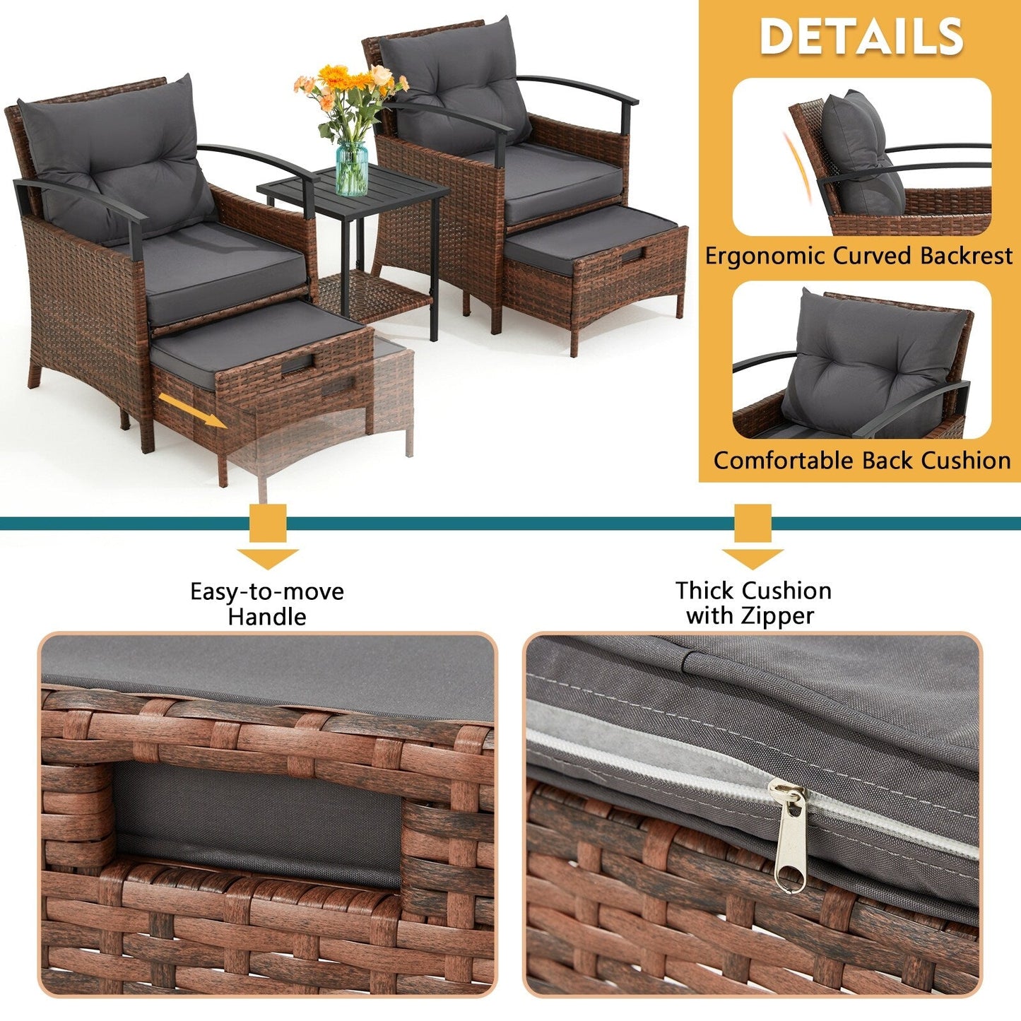 Set di mobili da giardino AVAWING da 5 pezzi, set da conversazione in vimini con tavolino e pouf