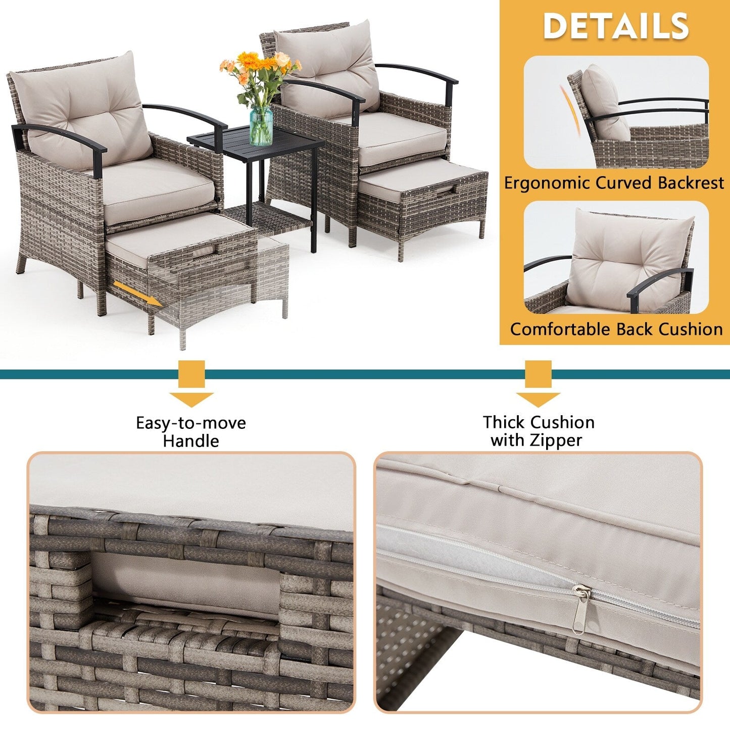 Set di mobili da giardino AVAWING da 5 pezzi, set da conversazione in vimini con tavolino e pouf