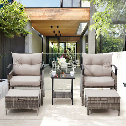 Set di mobili da giardino AVAWING da 5 pezzi, set da conversazione in vimini con tavolino e pouf