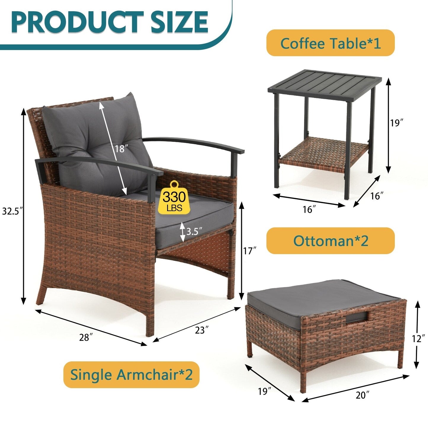 Set di mobili da giardino AVAWING da 5 pezzi, set da conversazione in vimini con tavolino e pouf