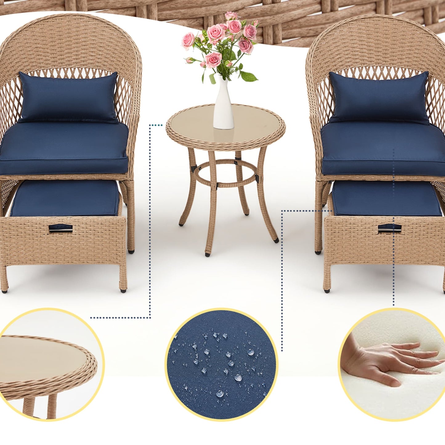 AVAWING Set di mobili da giardino da 5 pezzi, sedie da esterno in rattan, set da bistrot da conversazione in vimini