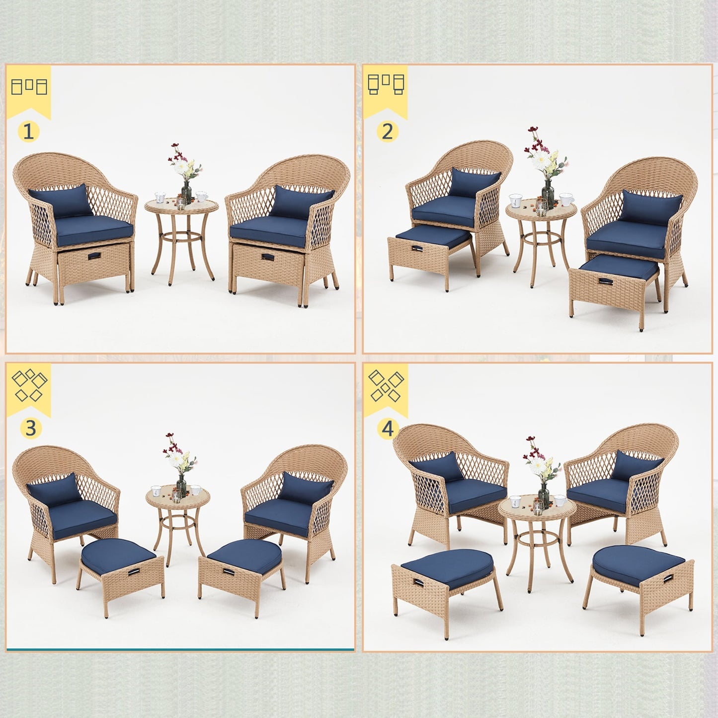 AVAWING Set di mobili da giardino da 5 pezzi, sedie da esterno in rattan, set da bistrot da conversazione in vimini