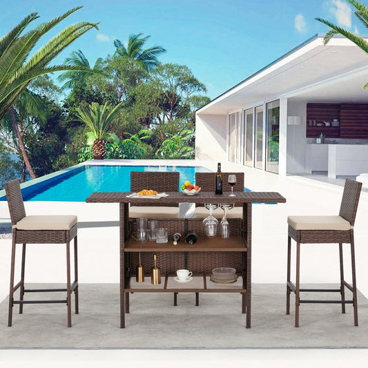 AVAWING 5PCS Set da bar per patio Set da bar per esterni in rattan con cuscino rimovibile
