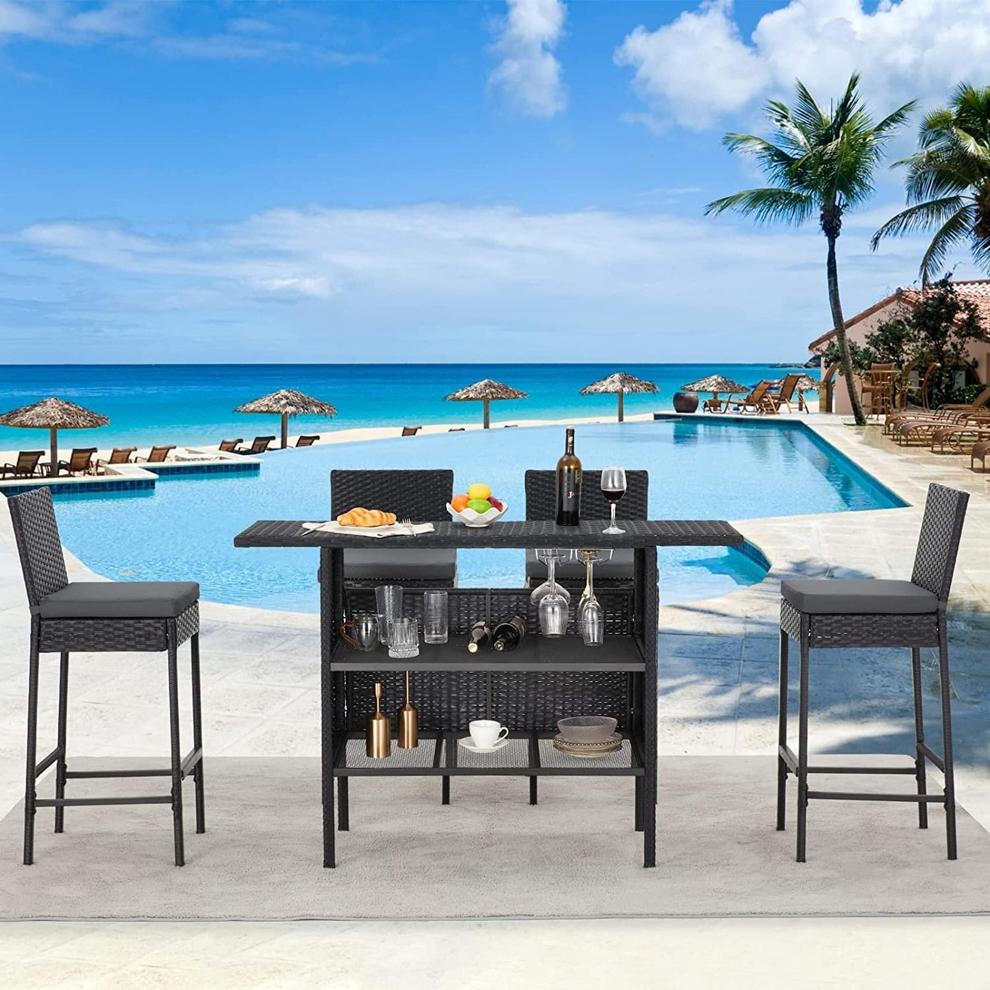 AVAWING 5PCS Set da bar per patio Set da bar per esterni in rattan con cuscino rimovibile