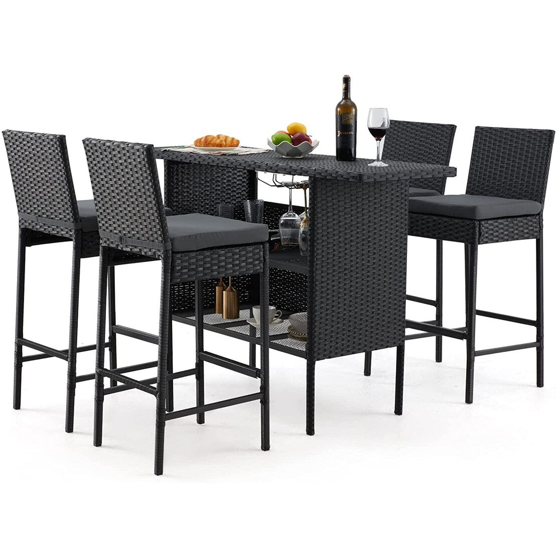 AVAWING 5PCS Set da bar per patio Set da bar per esterni in rattan con cuscino rimovibile