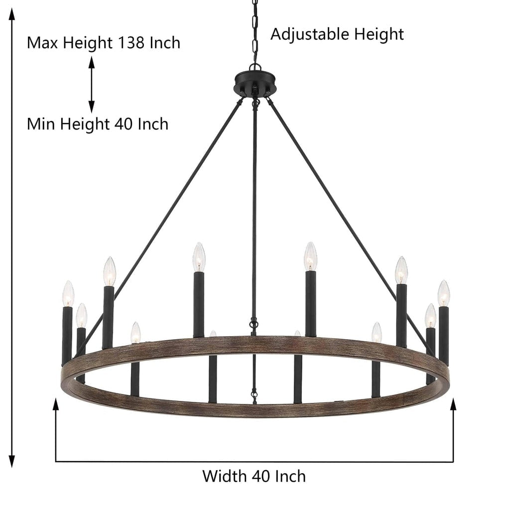 Lampadario a ruota di carro Acroma Farmhouse da 12 luci, 40 pollici, con UL - 40'' P x 138'' H