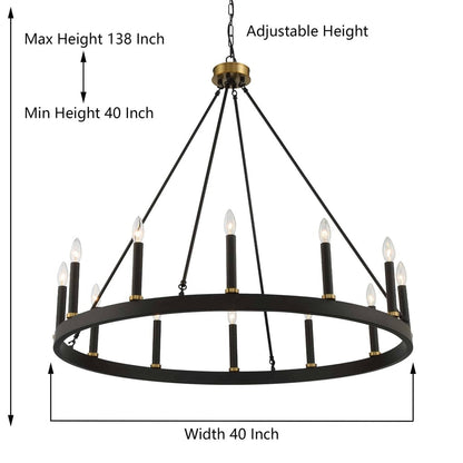 Lampadario a ruota di carro Acroma Farmhouse da 12 luci, 40 pollici, con UL - 40'' P x 138'' H