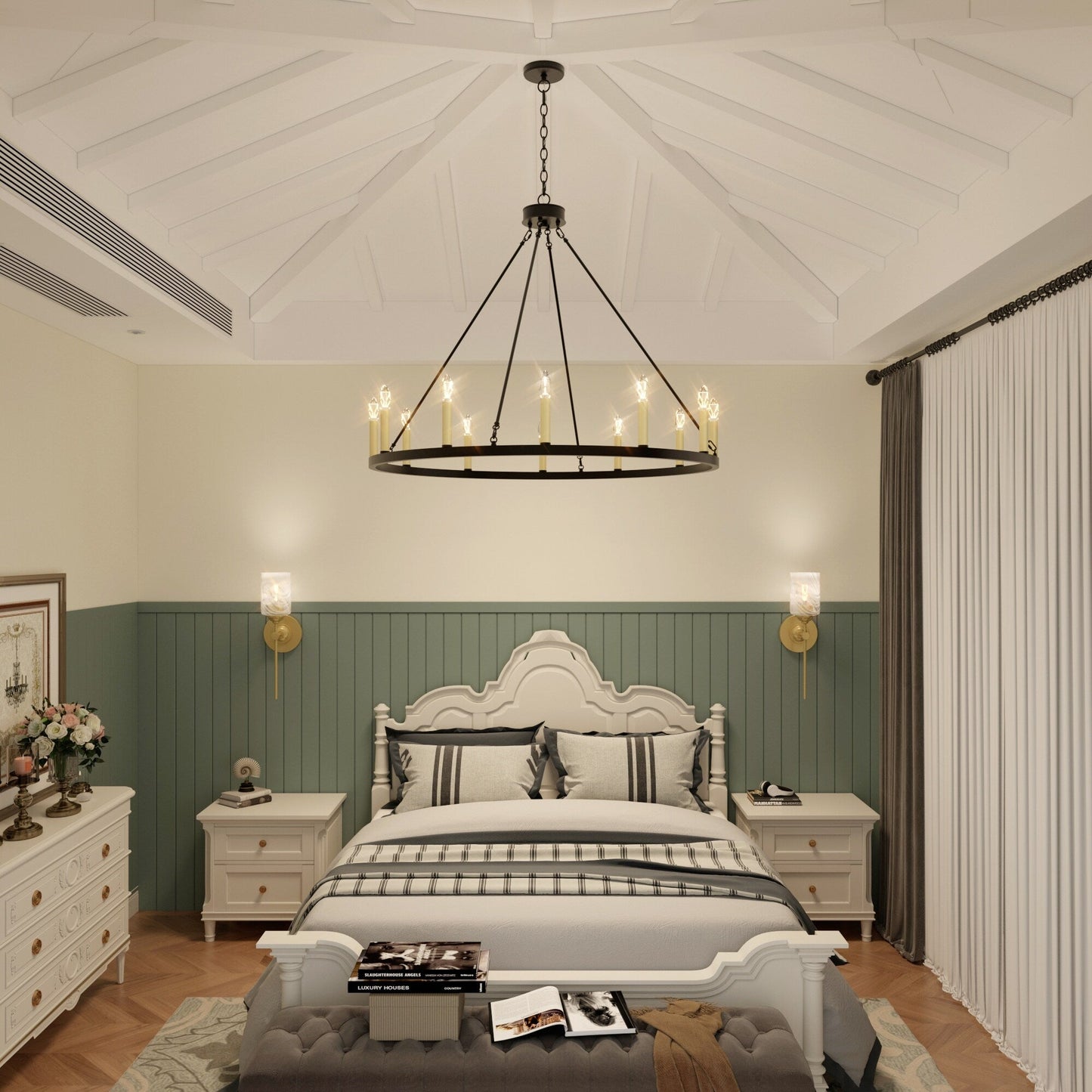 Lampadario a ruota di carro Acroma Farmhouse da 12 luci, 40 pollici, con UL - 40'' P x 138'' H