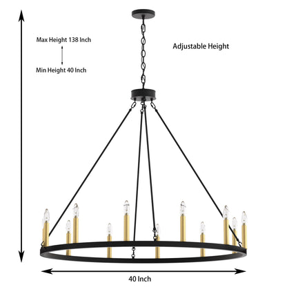 Lampadario a ruota di carro Acroma Farmhouse da 12 luci, 40 pollici, con UL - 40'' P x 138'' H