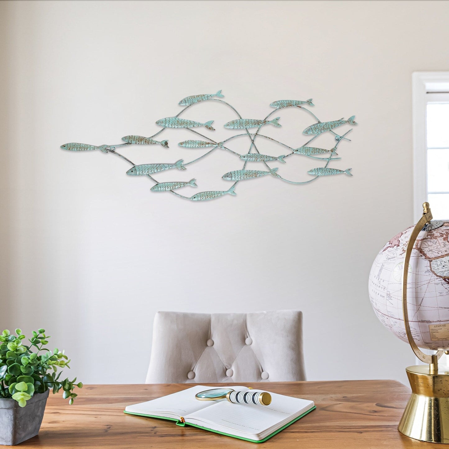 Decorazione murale decorativa in ferro blu anticato Adeco con banco di pesci