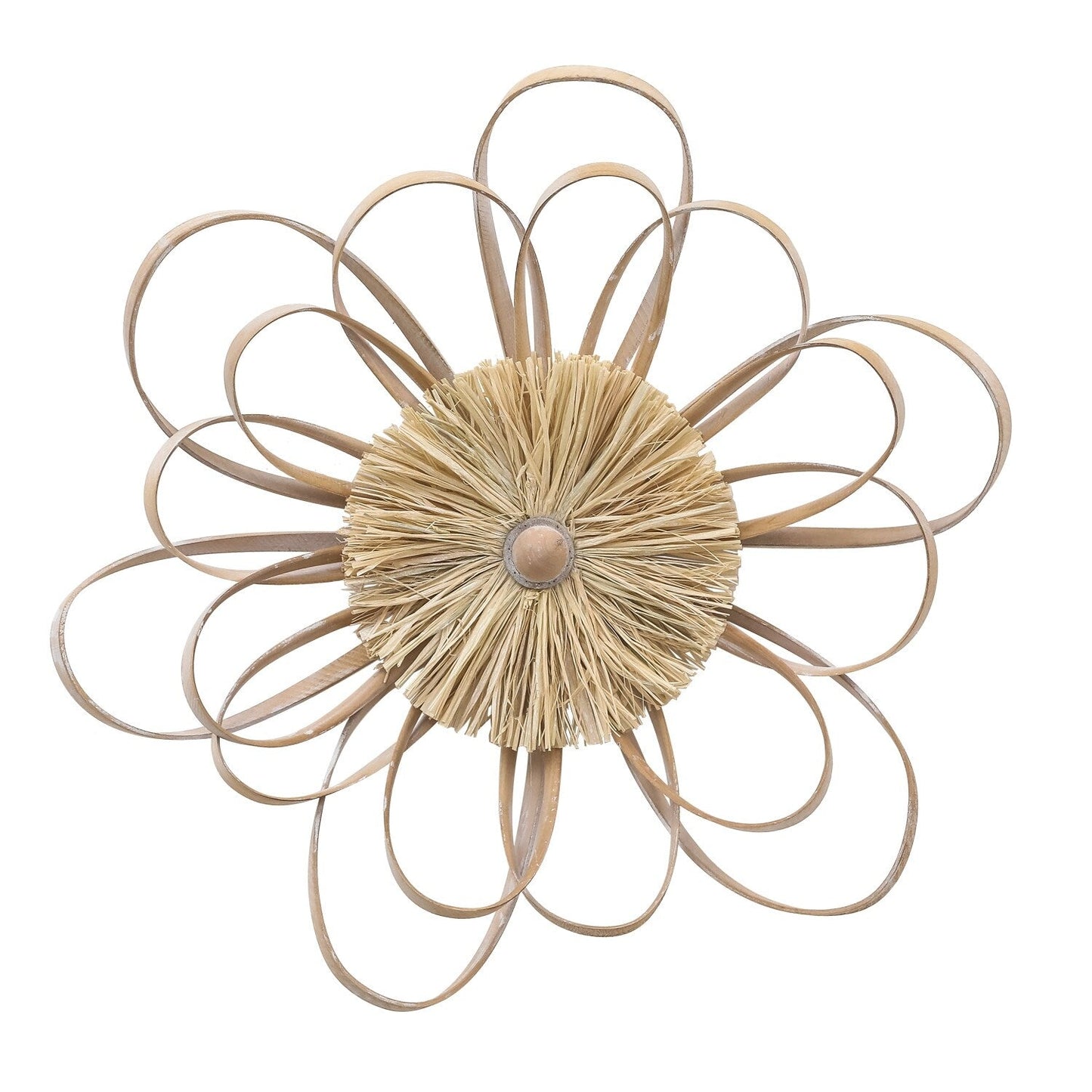 Decorazione murale in rafia lavorata a mano con fiori in legno della fattoria Adeco