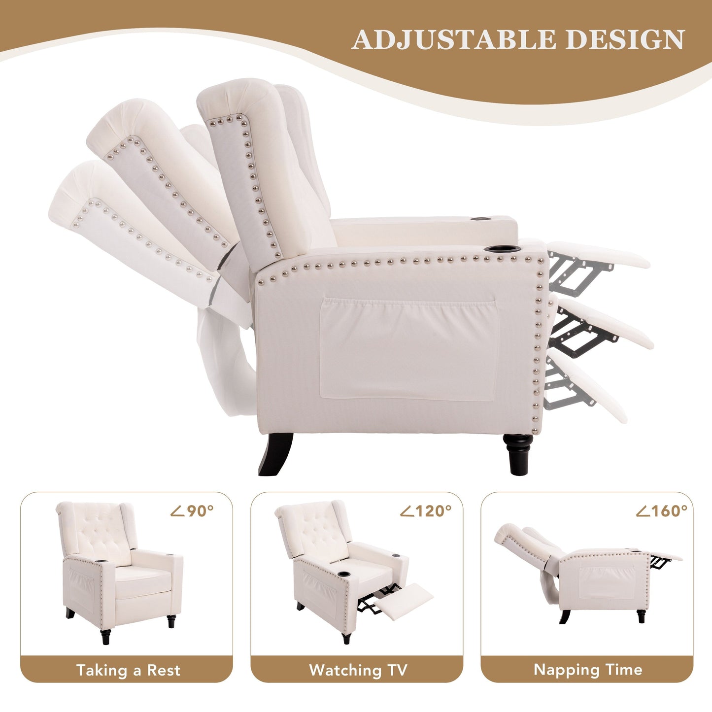 Poltrona reclinabile con schienale ad ala regolabile, poltrona con testa di chiodo, poltrona imbottita grande