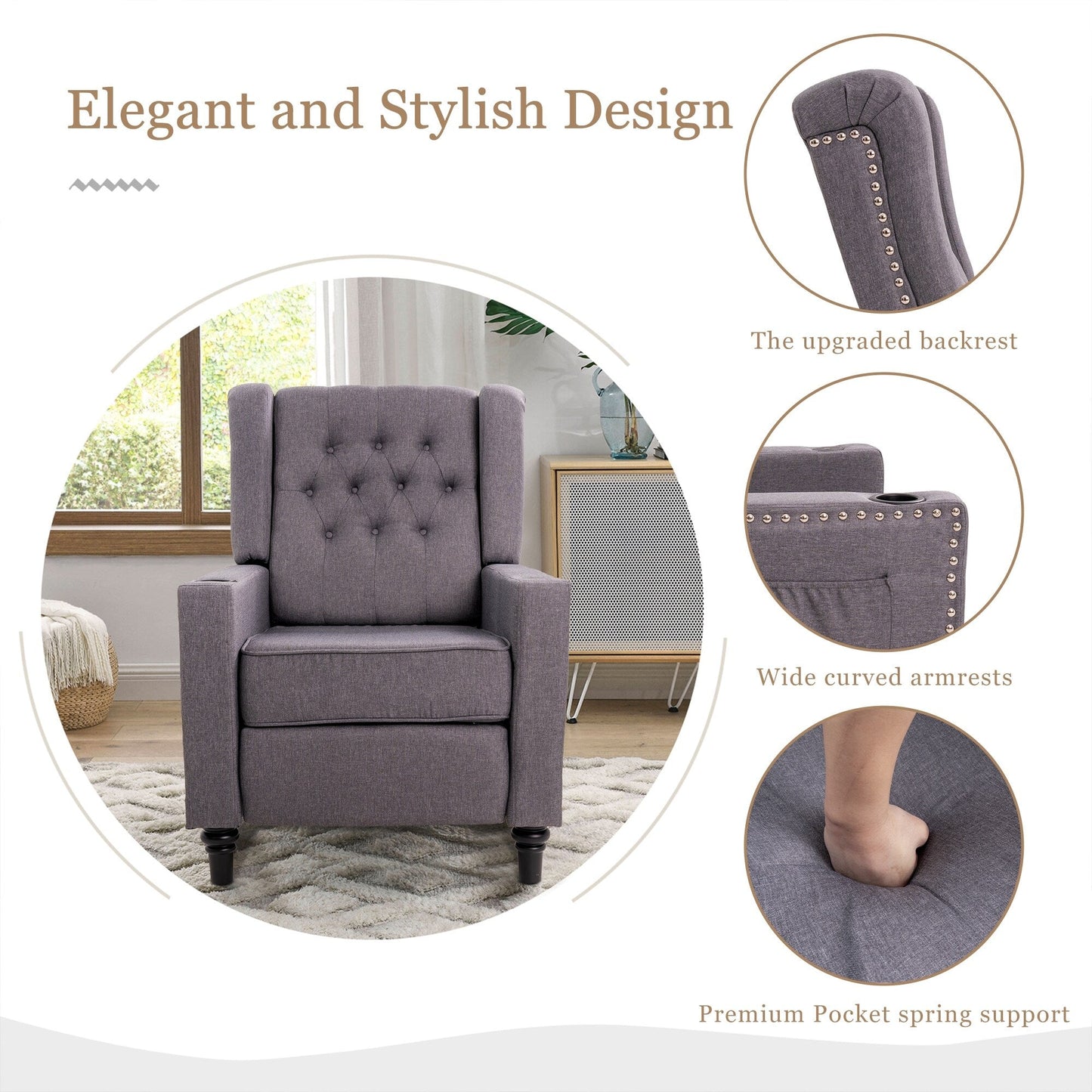 Poltrona reclinabile con schienale ad ala regolabile, poltrona con testa di chiodo, poltrona imbottita grande