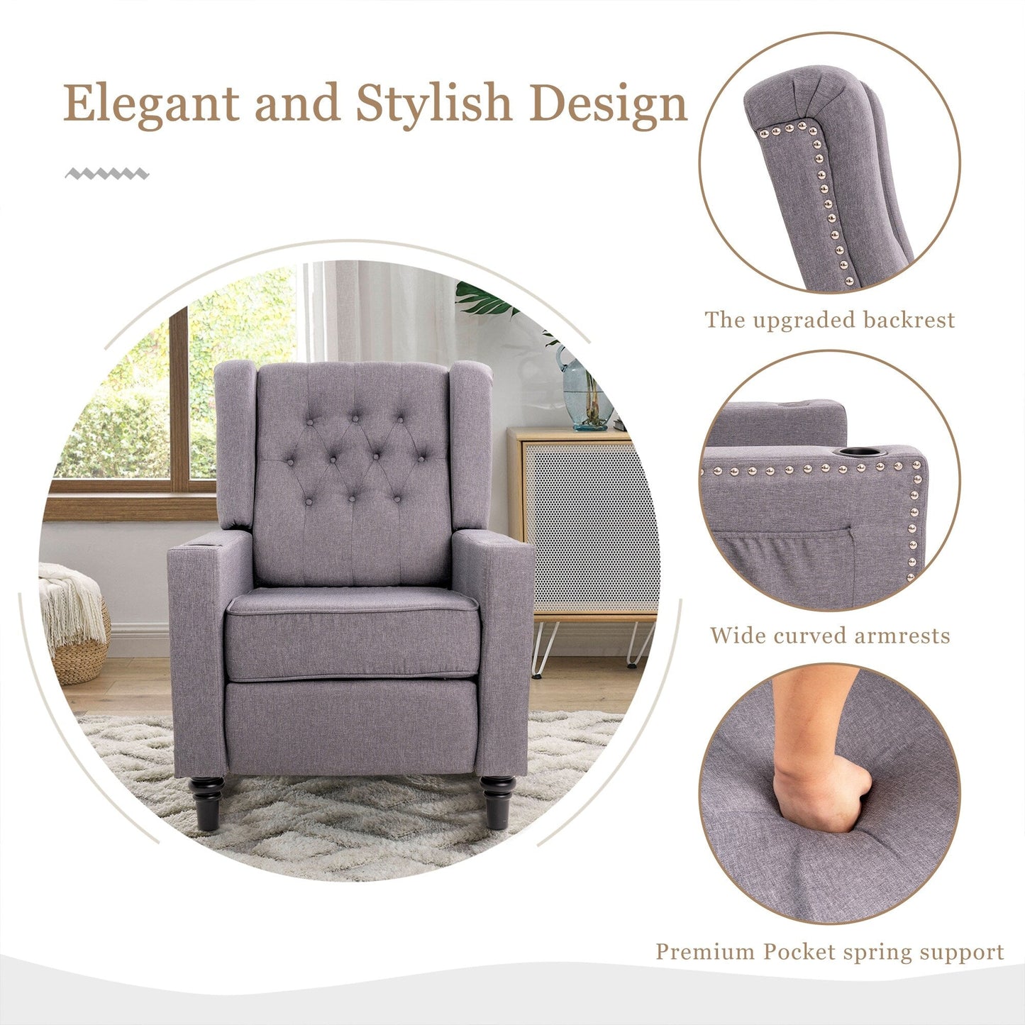 Poltrona reclinabile con schienale ad ala regolabile, poltrona con testa di chiodo, poltrona imbottita grande