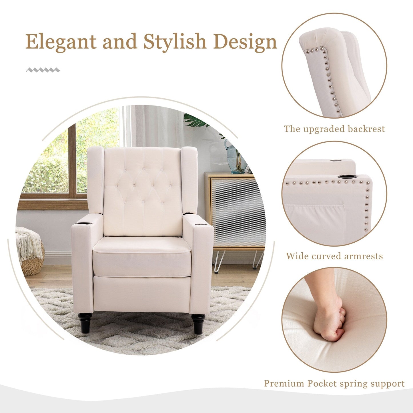 Poltrona reclinabile con schienale ad ala regolabile, poltrona con testa di chiodo, poltrona imbottita grande