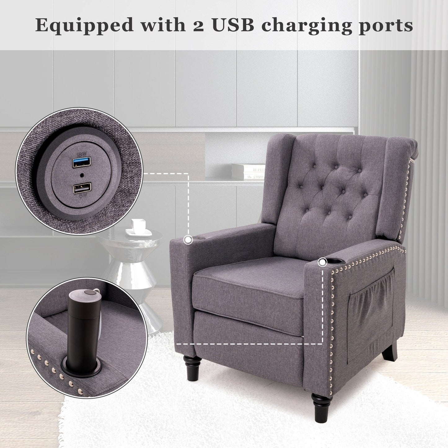 Poltrona reclinabile con schienale ad ala regolabile, poltrona con testa di chiodo, poltrona imbottita grande